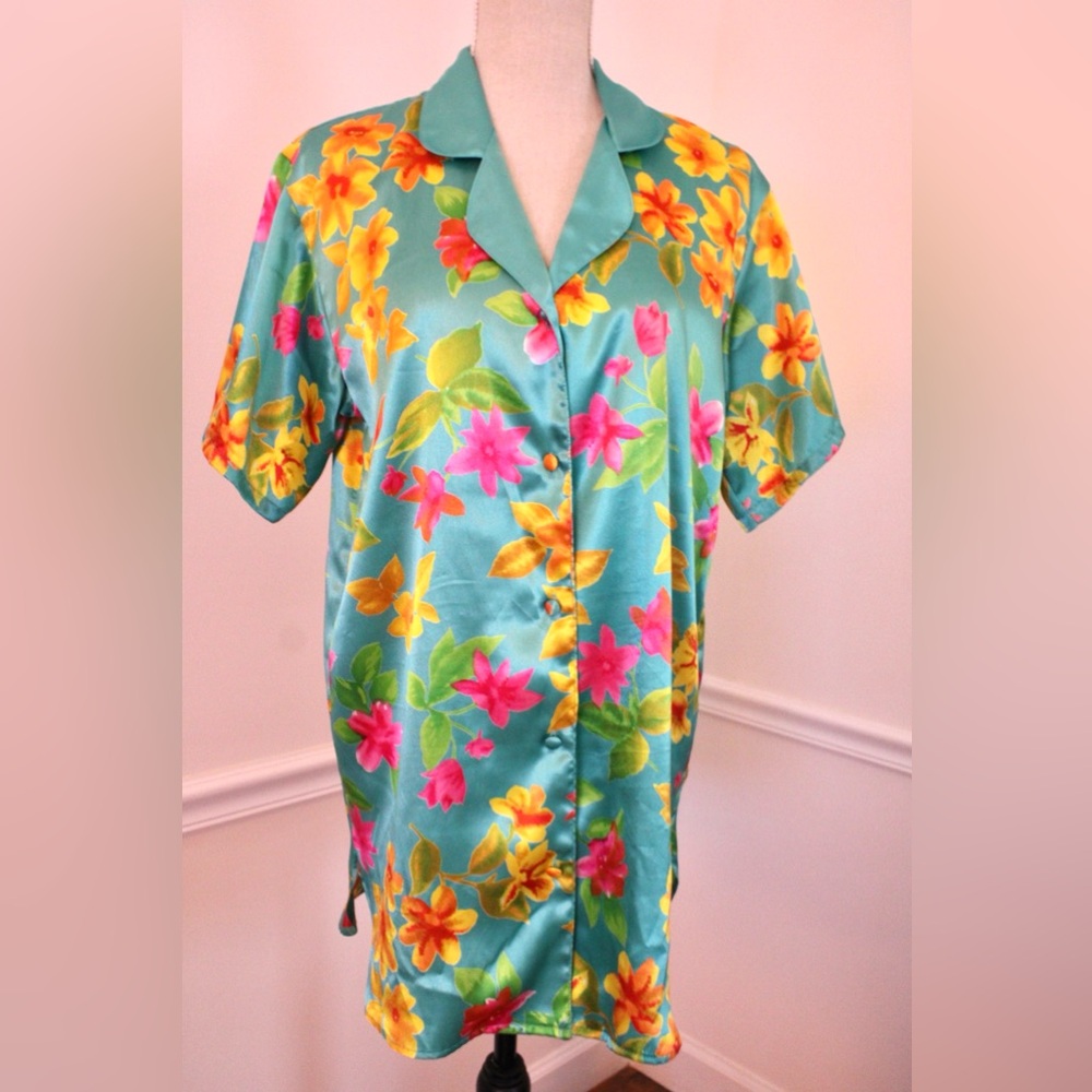 Victoria’s Secret Teal Hawaiian Vintage 90s Satin Pajamas Size P (XS) - Picture 6 of 13